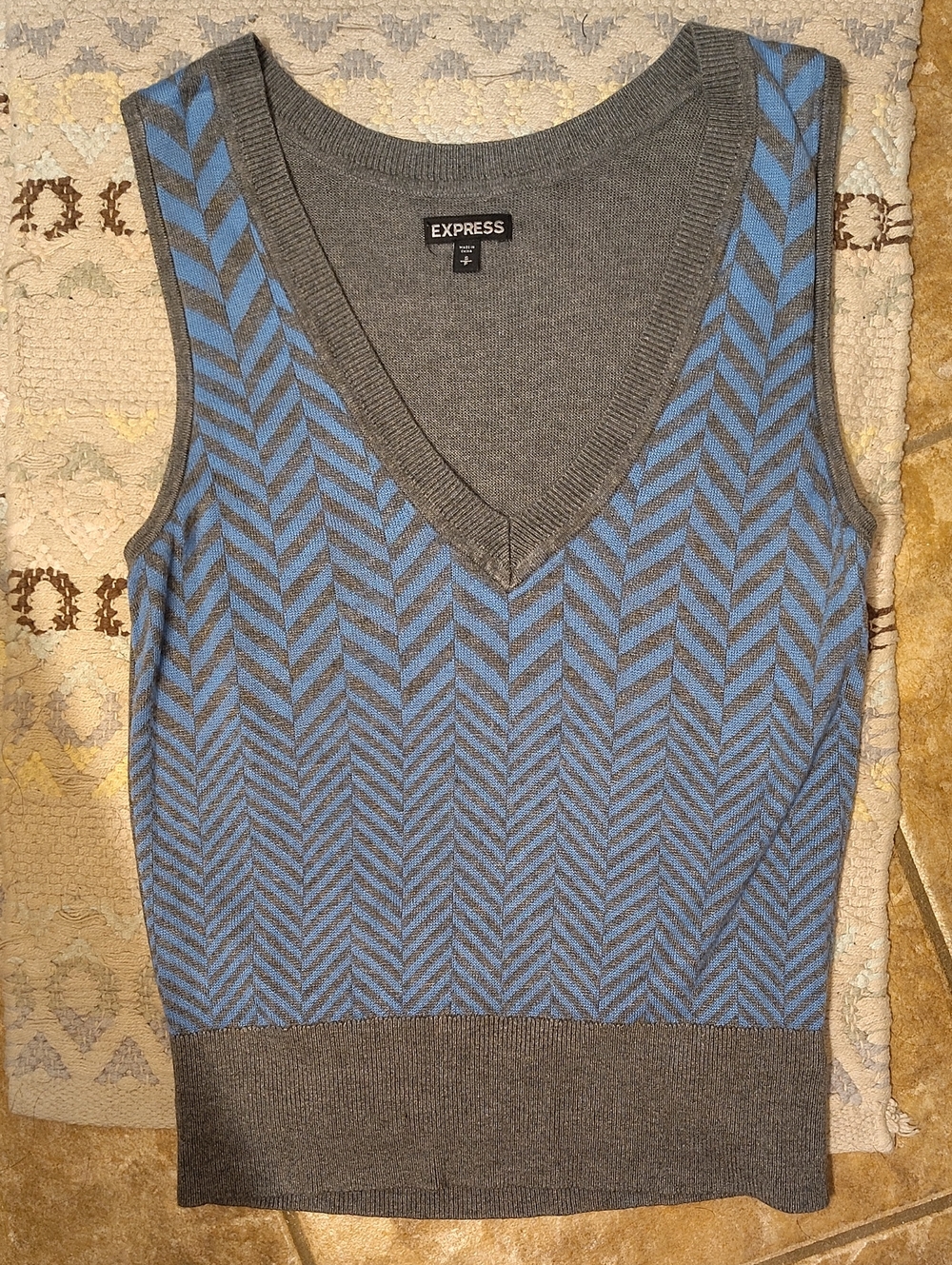 Express Women's Gray and Blue Chevron V-Neck Sweater Vest